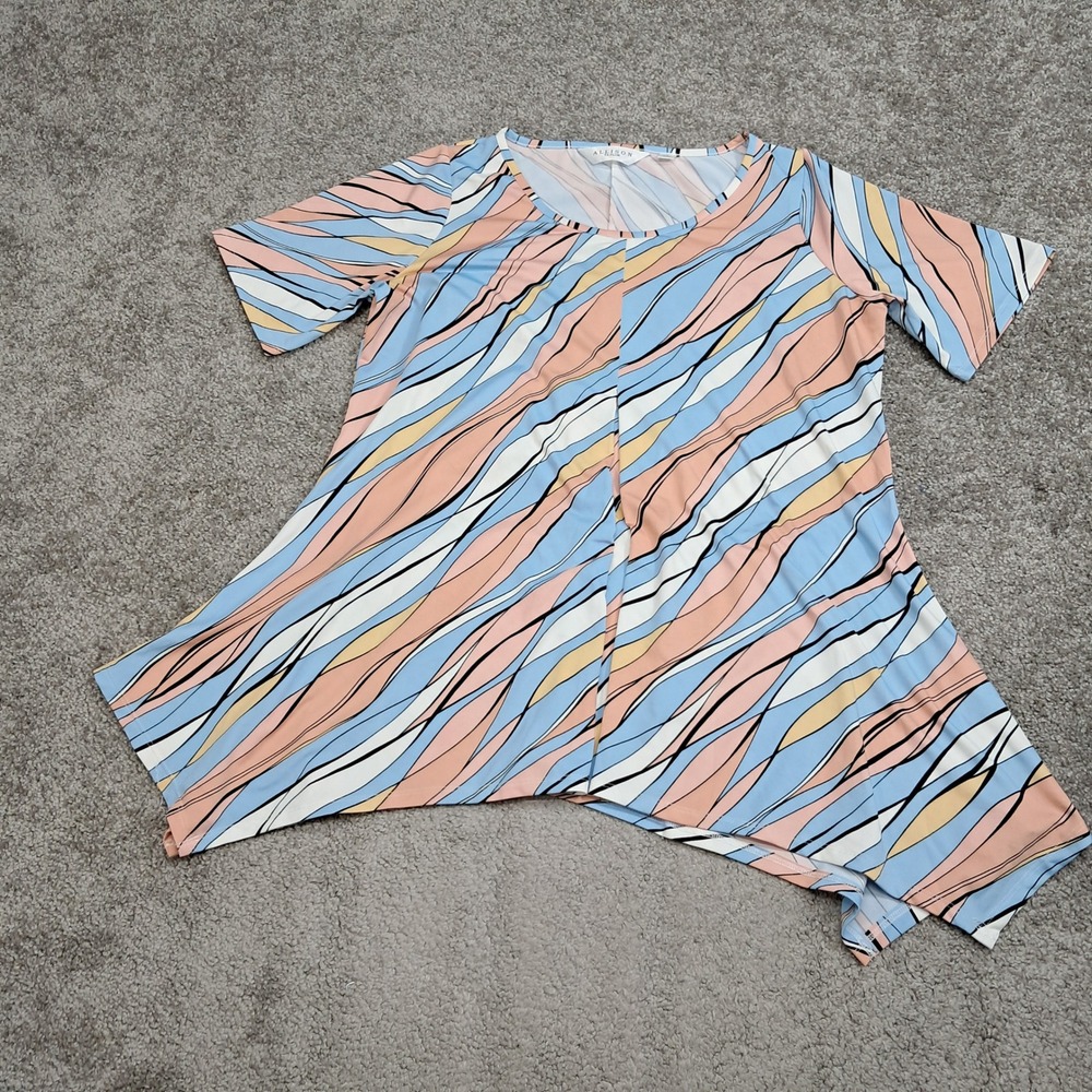 Allison Taylor Womens Large Abstract Wave Sharkbite Tunic Top Blue Pink
